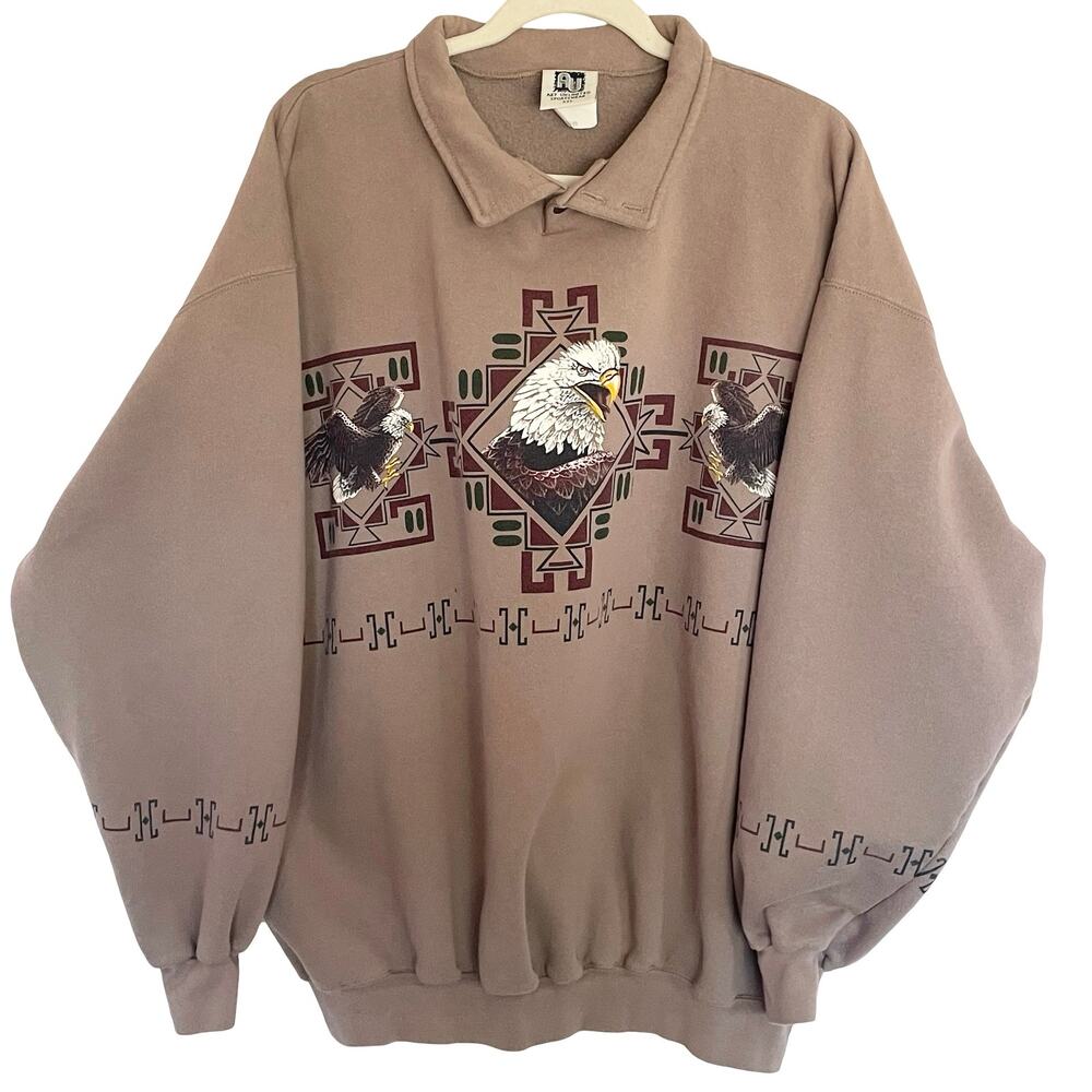Art Unlimited Vintage 90s Bald Eagle Fleece Collared Banded Sweatshirt Mens XXL